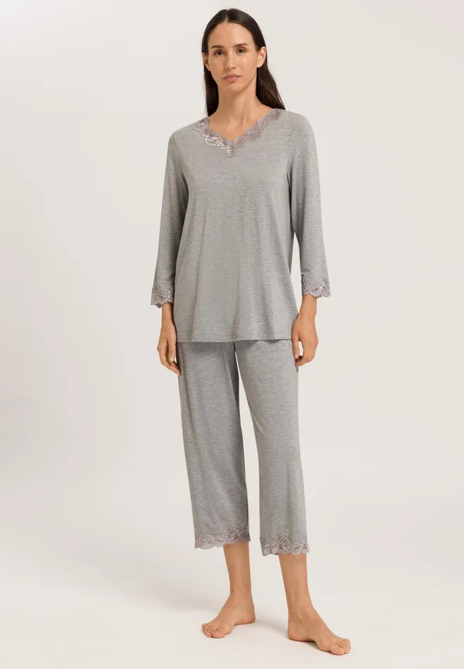 Scalloped Lace Trim Pajama Set Grey Melange Women HANRO Pajama Sets