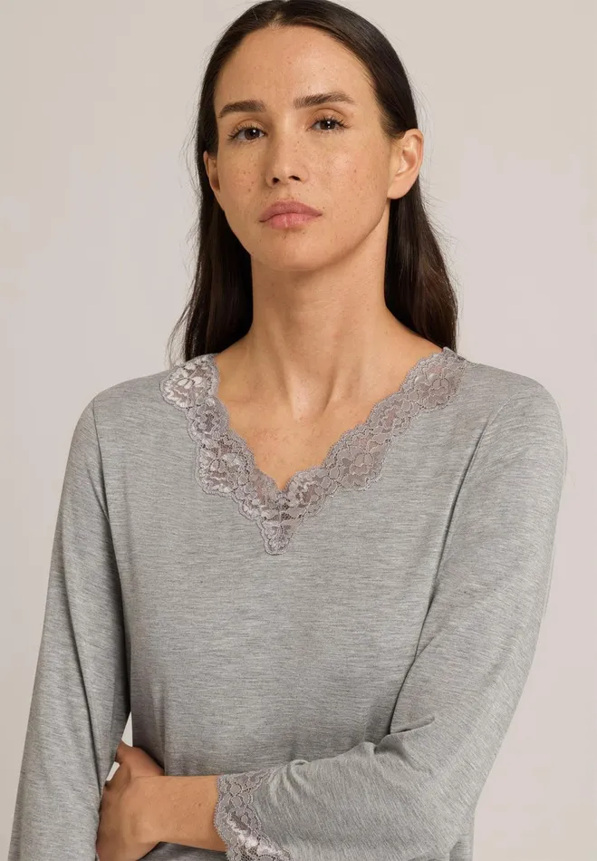 Scalloped Lace Trim Pajama Set Grey Melange Women HANRO Pajama Sets