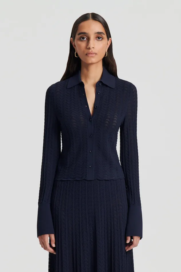 Scanlan Theodore Knitwear Women PLEAT LACE LS SHIRT NAVY Scanlan Theodore Knitwear Women PLEAT LACE LS SHIRT NAVY