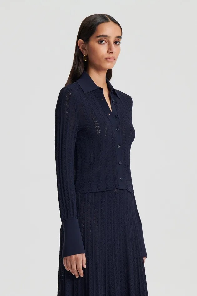 Scanlan Theodore Knitwear Women PLEAT LACE LS SHIRT NAVY Scanlan Theodore Knitwear Women PLEAT LACE LS SHIRT NAVY
