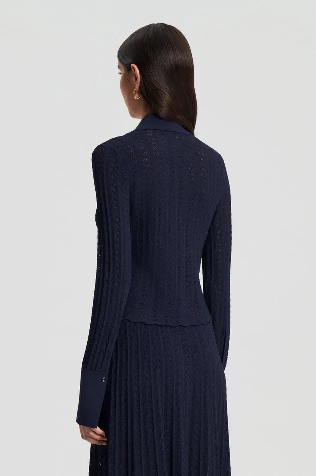 Scanlan Theodore Knitwear Women PLEAT LACE LS SHIRT NAVY Scanlan Theodore Knitwear Women PLEAT LACE LS SHIRT NAVY