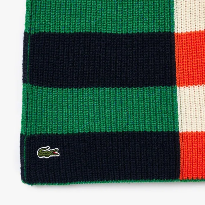 Scarves and Gloves Women Lacoste Women039s Wool Contrast Stripe Colorblock Scarf White Orange Navy Blue Green Blue Qi5