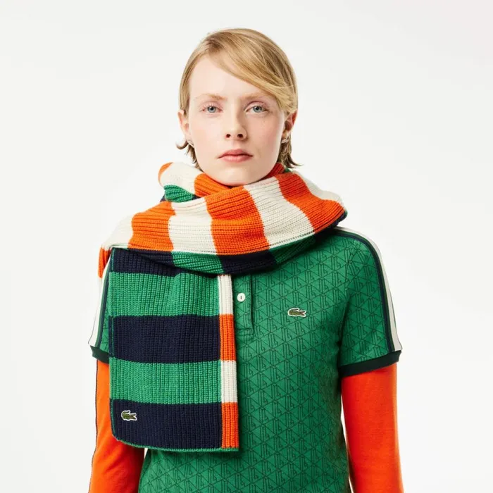 Scarves and Gloves Women Lacoste Women039s Wool Contrast Stripe Colorblock Scarf White Orange Navy Blue Green Blue Qi5