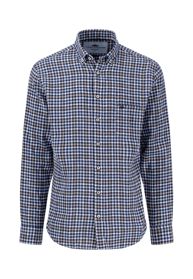 Shirts Men FYNCHHATTON Checked Linen Shirt With Buttondown Collar Navywhite