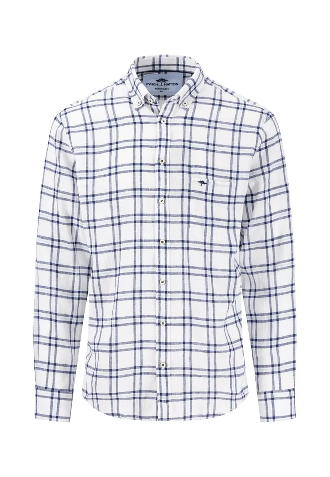 Shirts Men FYNCHHATTON Checked Linen Shirt With Buttondown Collar Navywhite