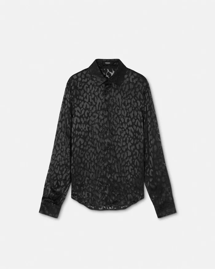 Shirts Men Versace Leopard Devor SilkBlend Shirt Black