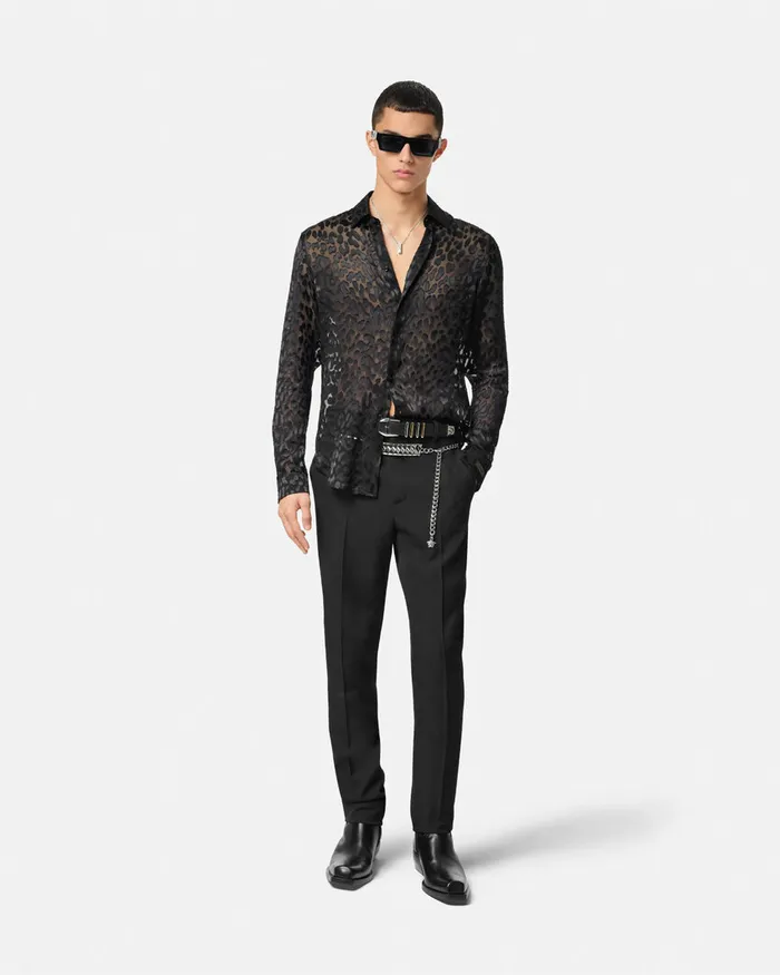Shirts Men Versace Leopard Devor SilkBlend Shirt Black