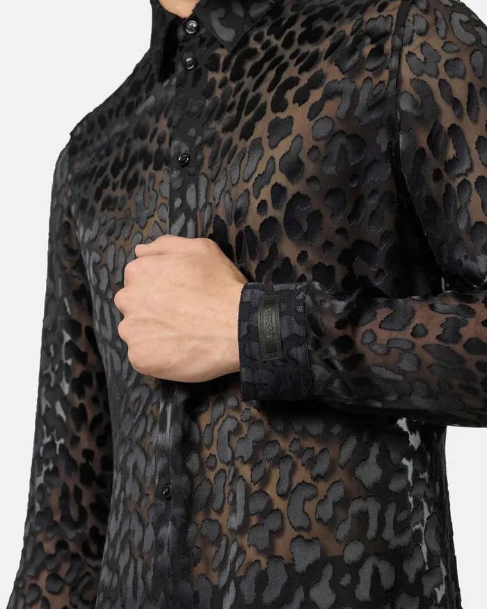 Shirts Men Versace Leopard Devor SilkBlend Shirt Black