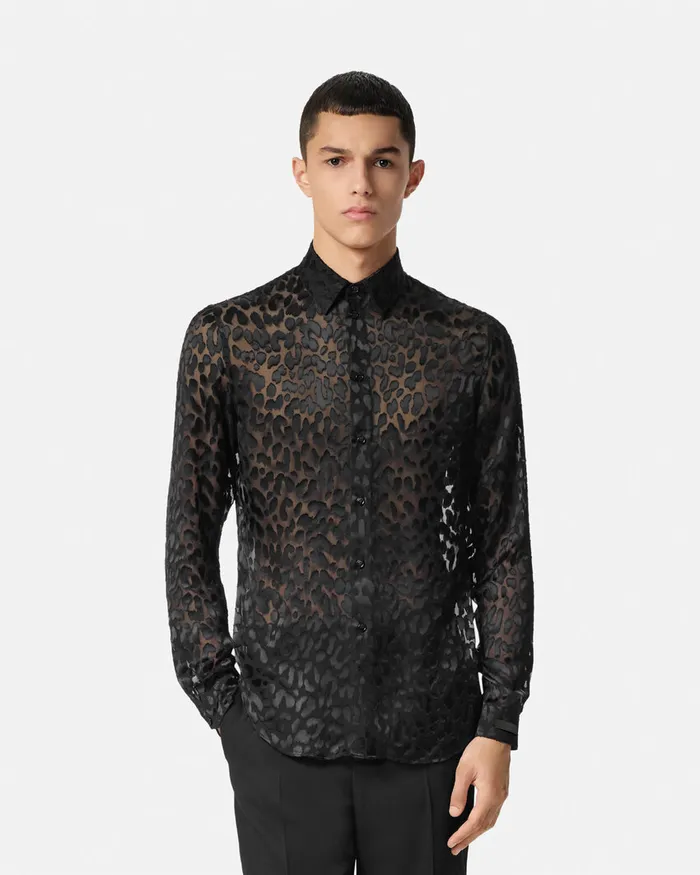 Shirts Men Versace Leopard Devor SilkBlend Shirt Black