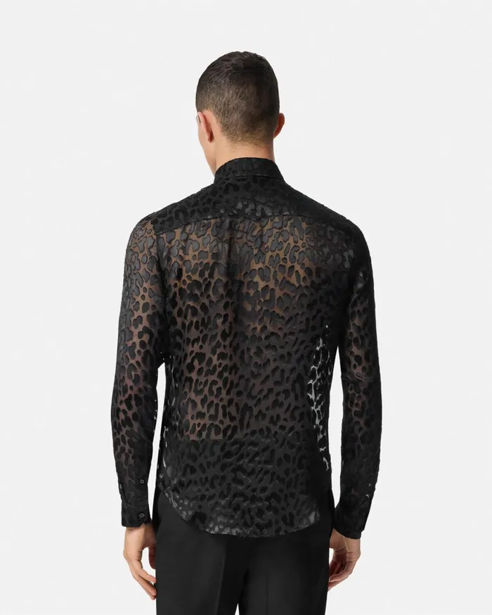 Shirts Men Versace Leopard Devor SilkBlend Shirt Black