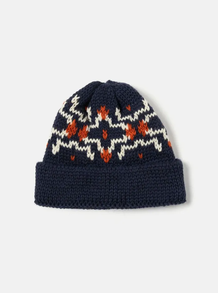 Short Watch Cap In NavyEcru British Wool Men Universal Works Hats
