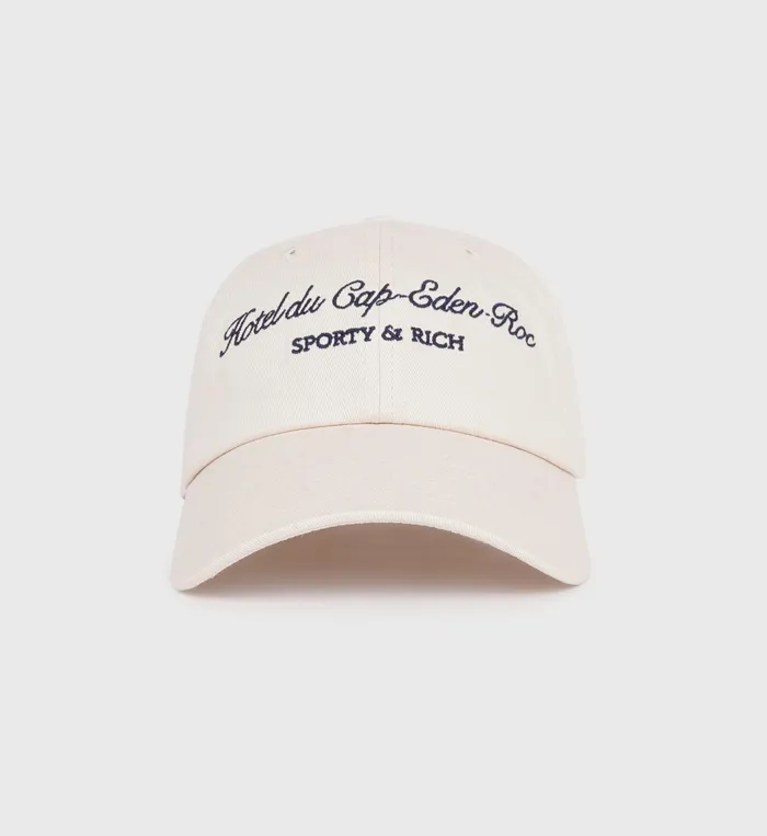 Sporty and Rich Hats Women Hotel Du Cap Cursive Hat 8211 CreamNavy