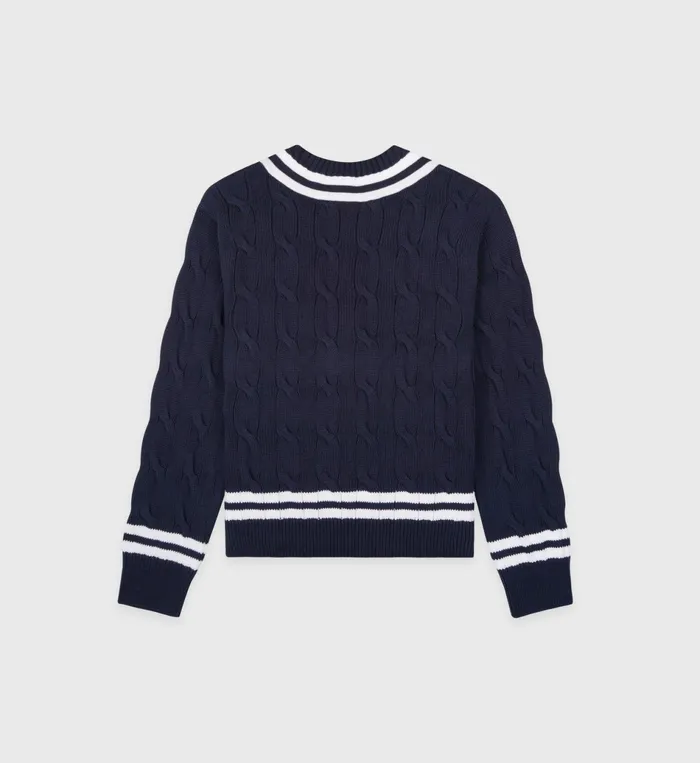 Sporty and Rich Knitwear Women SRC Cableknit VNeck Sweater 8211 NavyWhite