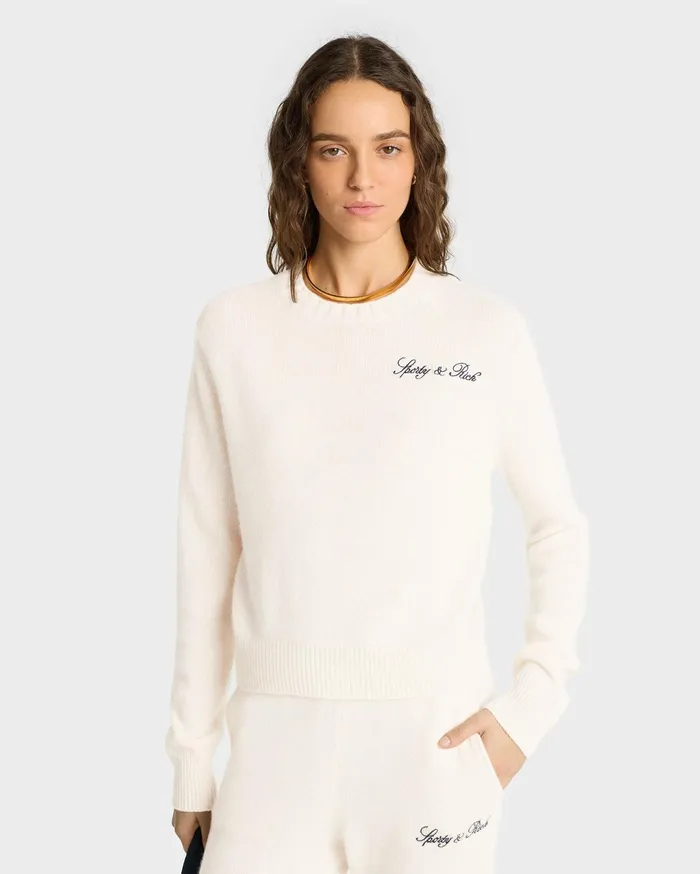 Sporty and Rich Knitwear Women Vendome Script Cashmere Crewneck 8211 CreamNavy