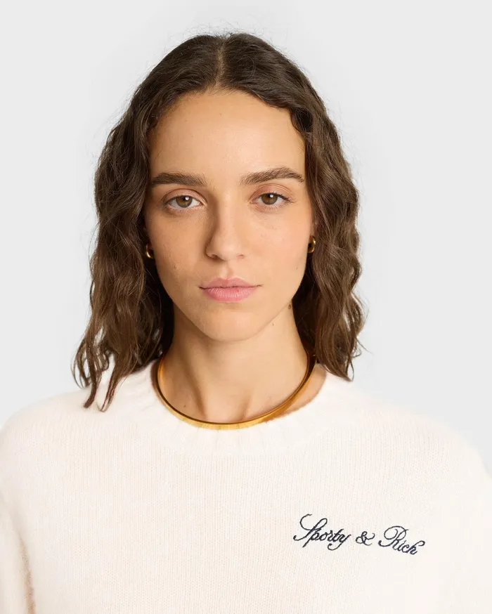 Sporty and Rich Knitwear Women Vendome Script Cashmere Crewneck 8211 CreamNavy