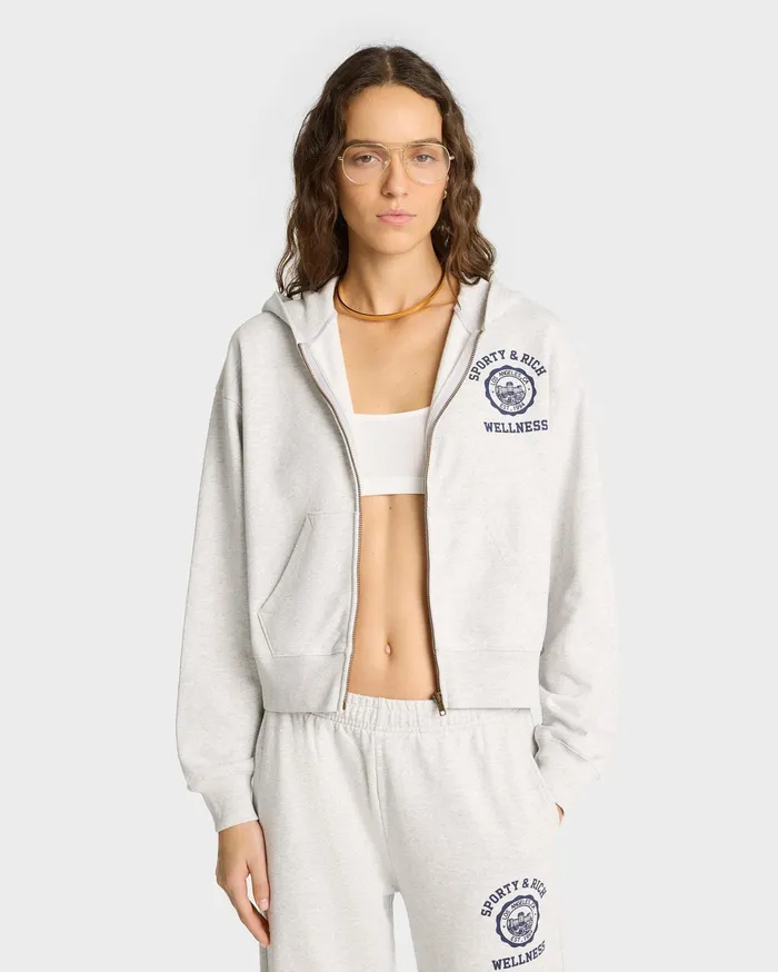 Sporty and Rich Sweatshirts Women Emblem Cropped Zip Hoodie 8211 Heather GrayNavy