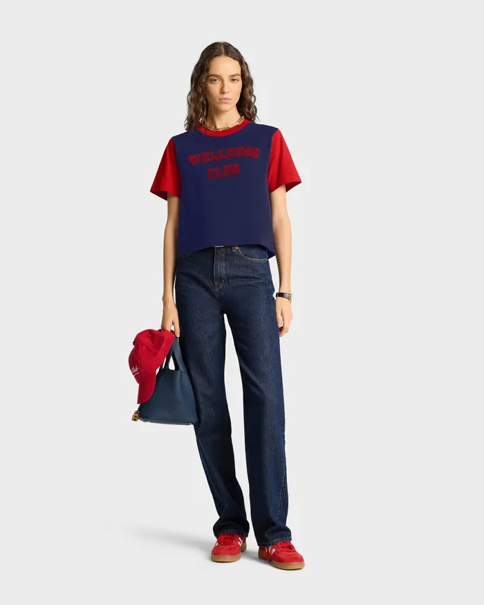 Sporty and Rich TShirts and Tops Women Wellness Club Color Block Cropped Tee 8211 NavyRuby
