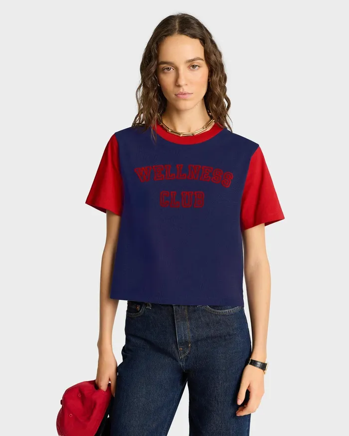 Sporty and Rich TShirts and Tops Women Wellness Club Color Block Cropped Tee 8211 NavyRuby