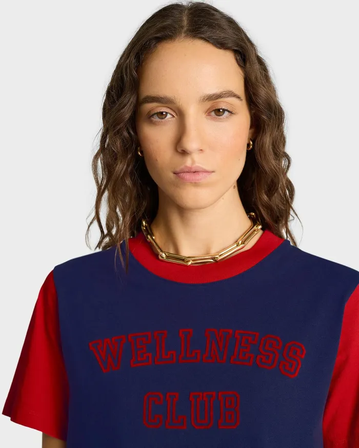 Sporty and Rich TShirts and Tops Women Wellness Club Color Block Cropped Tee 8211 NavyRuby