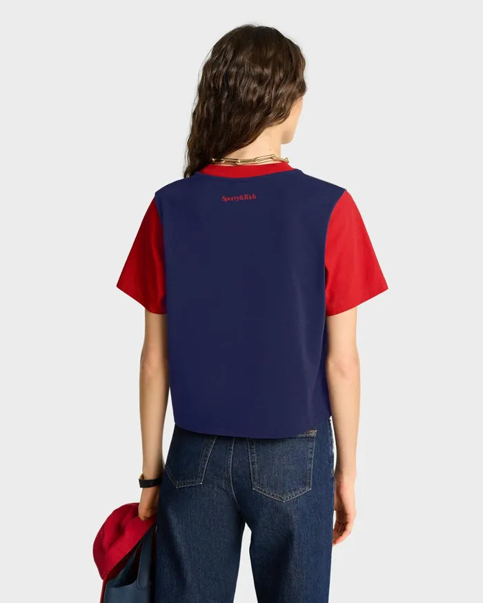 Sporty and Rich TShirts and Tops Women Wellness Club Color Block Cropped Tee 8211 NavyRuby