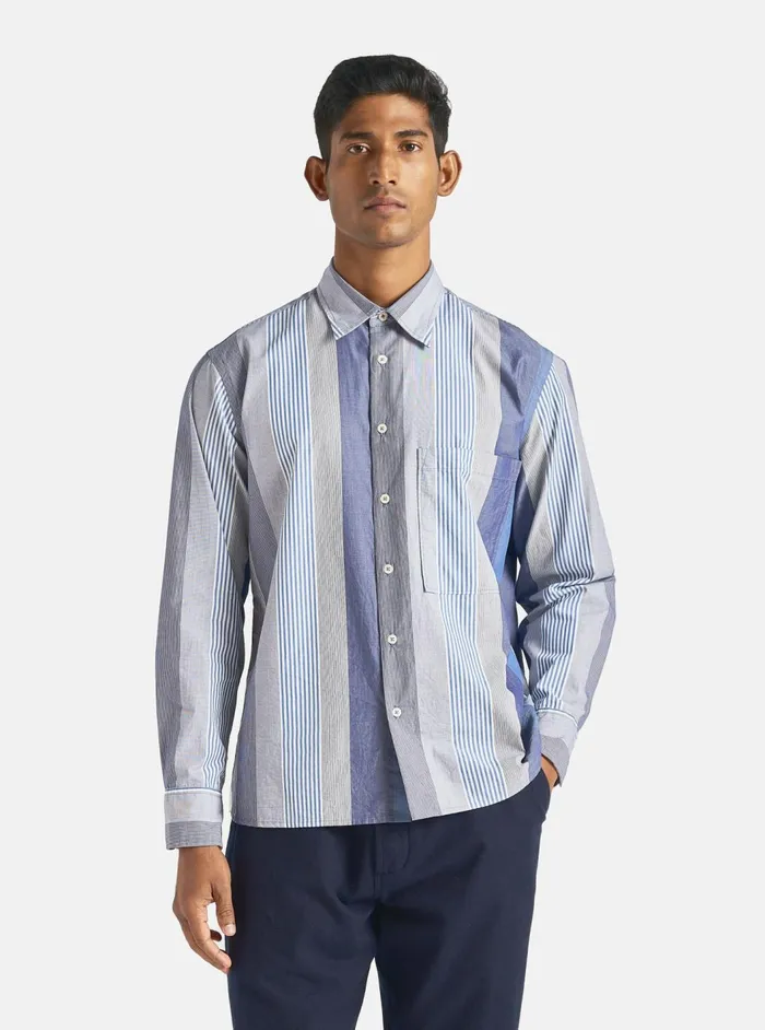 Square Pocket Shirt In Blue Multi Stripe Cotton Men Universal Works Shirts