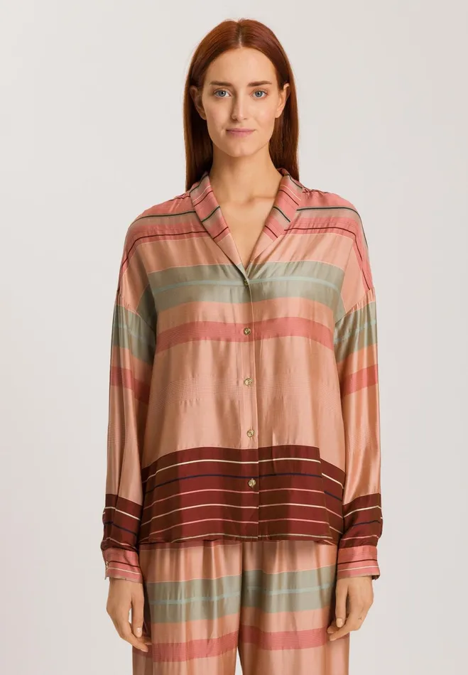 Striped Color Block Shirt Earth Tanned Stripe Women HANRO Pajama Tops