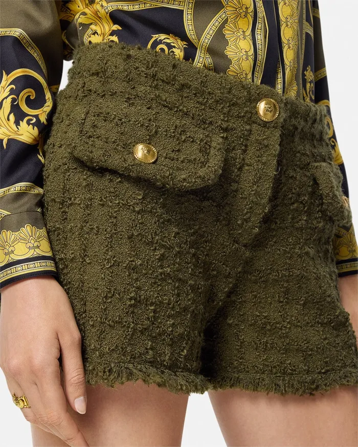 Suits Women Versace Heritage Tweed Mini Shorts Green