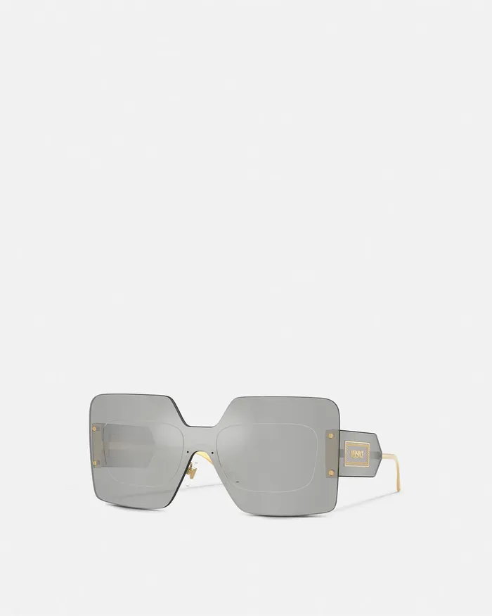 Sunglasses Women Versace Damier Plaque Squared Shield Sunglasses Silvergold