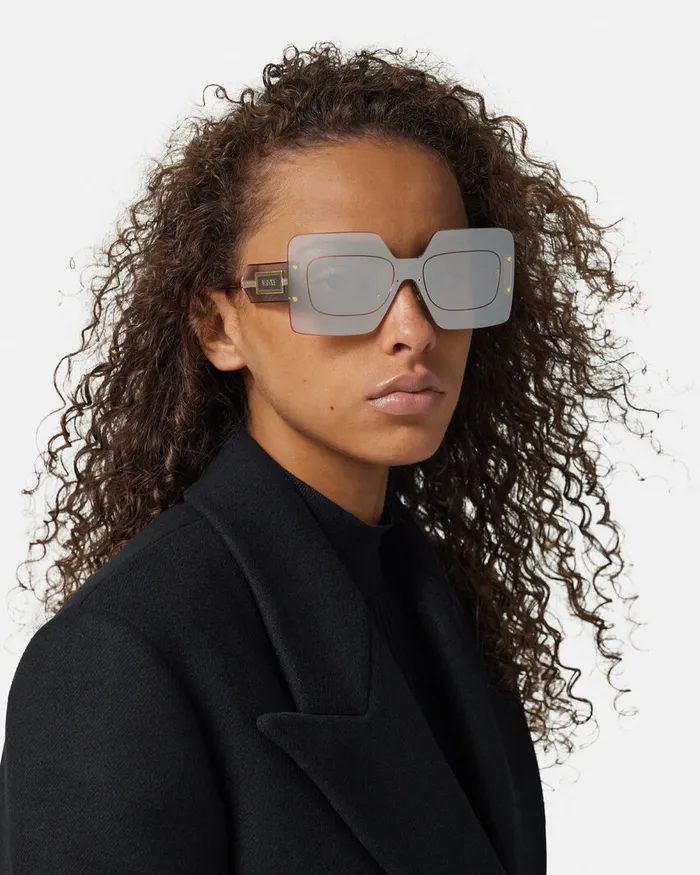 Sunglasses Women Versace Damier Plaque Squared Shield Sunglasses Silvergold