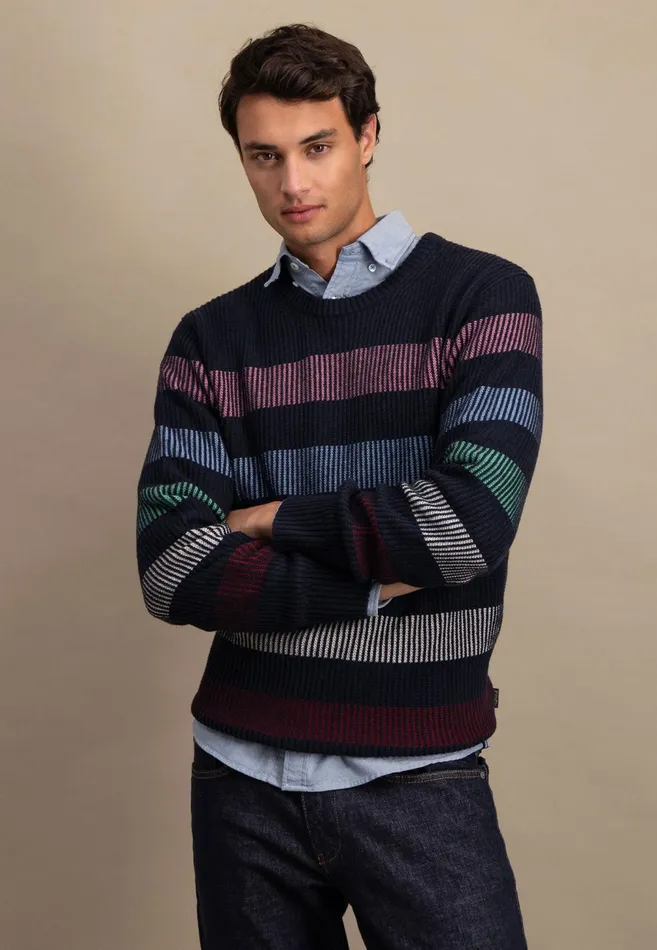 Sweater Men FYNCHHATTON Cotton Mix Sweater With Strip Patterns Navy