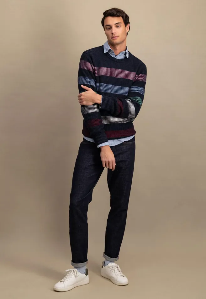 Sweater Men FYNCHHATTON Cotton Mix Sweater With Strip Patterns Navy
