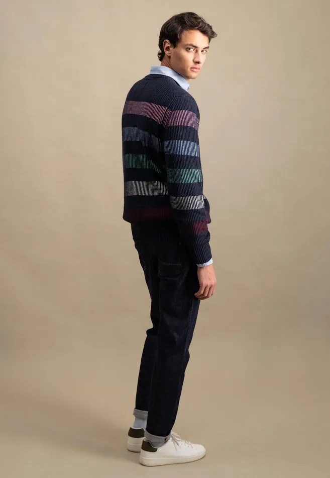 Sweater Men FYNCHHATTON Cotton Mix Sweater With Strip Patterns Navy
