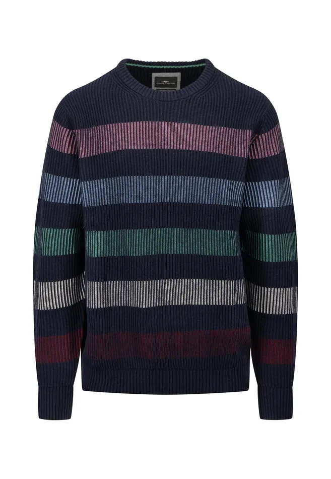 Sweater Men FYNCHHATTON Cotton Mix Sweater With Strip Patterns Navy
