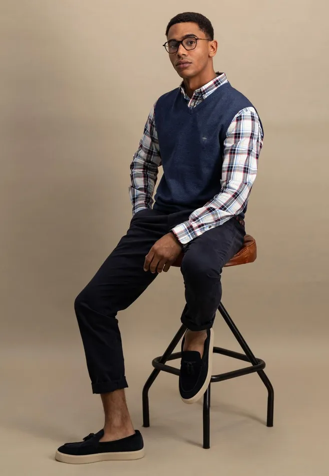 Sweater Men FYNCHHATTON String Pullunder Made Of Fine Cotton Steelnavypoppy Rednightstrong Blue
