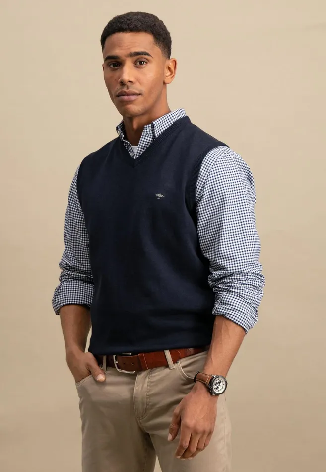 Sweater Men FYNCHHATTON String Pullunder Made Of Fine Cotton Steelnavypoppy Rednightstrong Blue