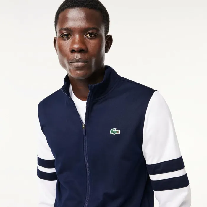 Sweaters and Sweatshirts Men Lacoste Men039s AbrasionResistant ZipUp Tennis Sweatshirt Navy Blue White 525