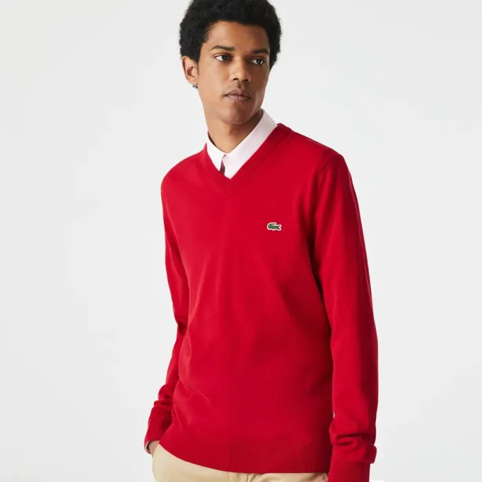 Sweaters and Sweatshirts Men Lacoste Men039s VNeck Organic Cotton Sweater Red 240