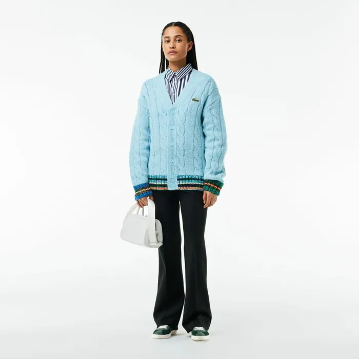 Sweaters and Sweatshirts MenWomen Lacoste Unisex Loose Fit Cable Knit Striped Cardigan Light Blue White Piw