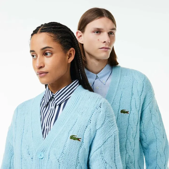 Sweaters and Sweatshirts MenWomen Lacoste Unisex Loose Fit Cable Knit Striped Cardigan Light Blue White Piw