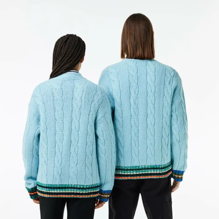 Sweaters and Sweatshirts MenWomen Lacoste Unisex Loose Fit Cable Knit Striped Cardigan Light Blue White Piw