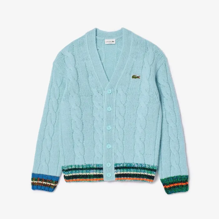 Sweaters and Sweatshirts MenWomen Lacoste Unisex Loose Fit Cable Knit Striped Cardigan Light Blue White Piw