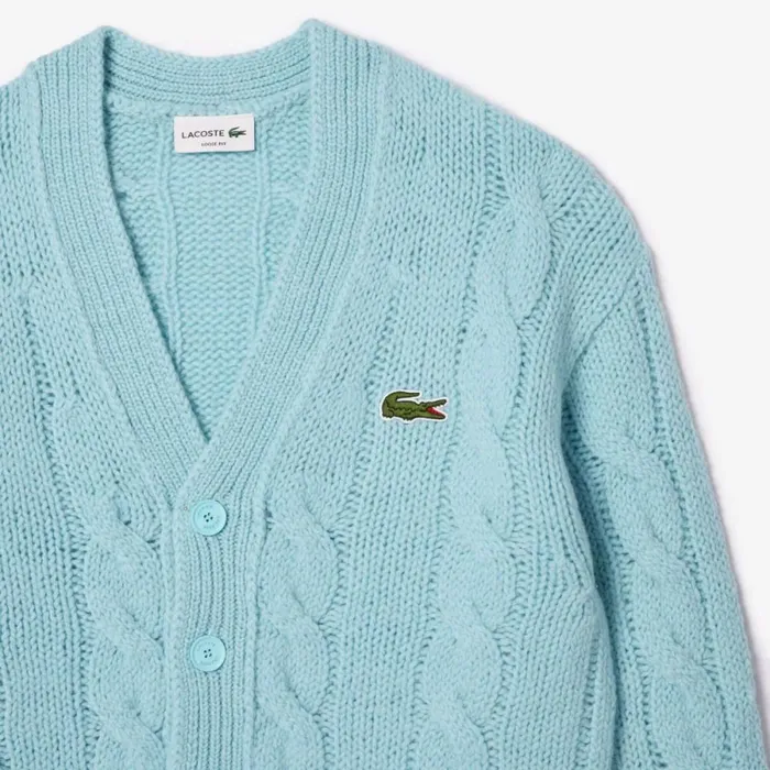 Sweaters and Sweatshirts MenWomen Lacoste Unisex Loose Fit Cable Knit Striped Cardigan Light Blue White Piw