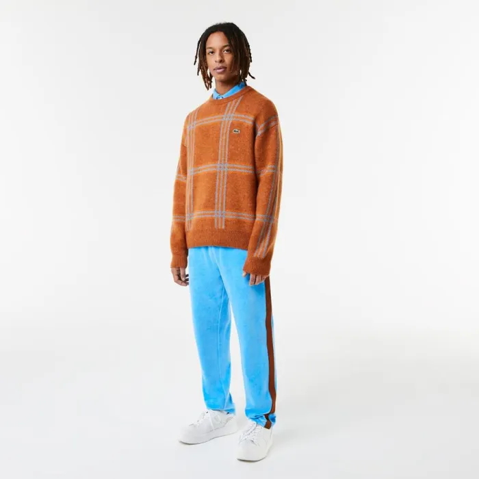 Sweaters and Sweatshirts MenWomen Lacoste Unisex Relaxed Fit Tartan Pattern Wool Blend Sweater Brown Blue Orange Vn2