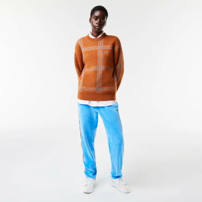 Sweaters and Sweatshirts MenWomen Lacoste Unisex Relaxed Fit Tartan Pattern Wool Blend Sweater Brown Blue Orange Vn2