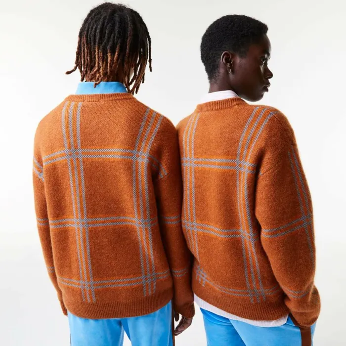 Sweaters and Sweatshirts MenWomen Lacoste Unisex Relaxed Fit Tartan Pattern Wool Blend Sweater Brown Blue Orange Vn2