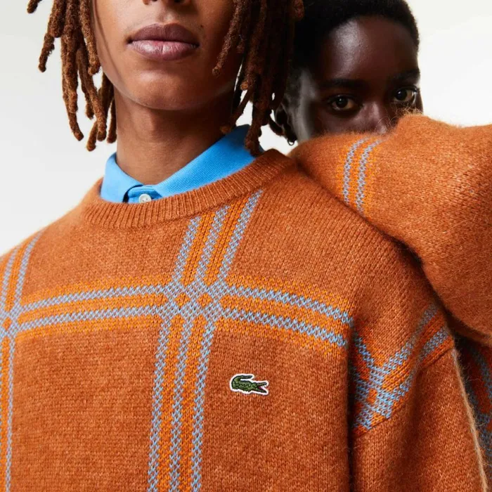 Sweaters and Sweatshirts MenWomen Lacoste Unisex Relaxed Fit Tartan Pattern Wool Blend Sweater Brown Blue Orange Vn2