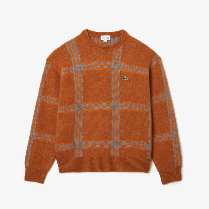 Sweaters and Sweatshirts MenWomen Lacoste Unisex Relaxed Fit Tartan Pattern Wool Blend Sweater Brown Blue Orange Vn2