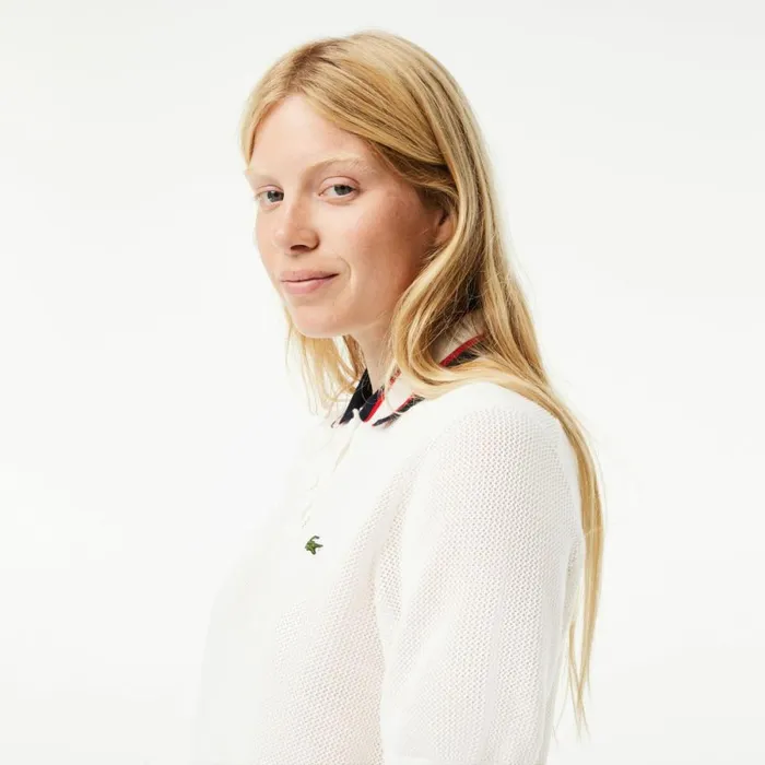 Sweaters and Sweatshirts Women Lacoste Women039s Short Sleeve Polo Neck Cotton Sweater White Navy Blue Red Qih