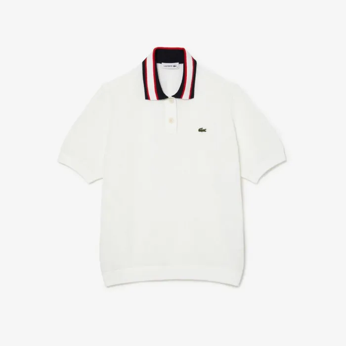 Sweaters and Sweatshirts Women Lacoste Women039s Short Sleeve Polo Neck Cotton Sweater White Navy Blue Red Qih