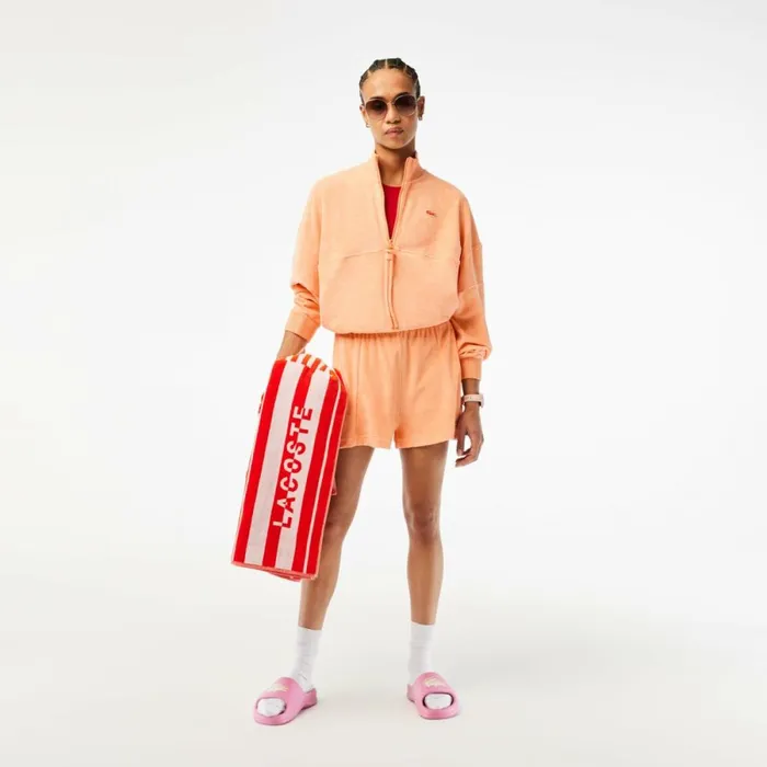 Sweaters and Sweatshirts Women Lacoste Womens HighNeck Terry Cloth Half Zip Sweatshirt Light Orange Heb